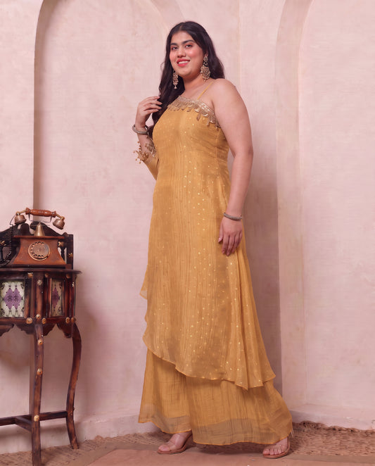 Golden Shimmer Crushed Butti Work One Shoulder Tunic With Palazzo Plus Size Indo Western Women Co-ord Set