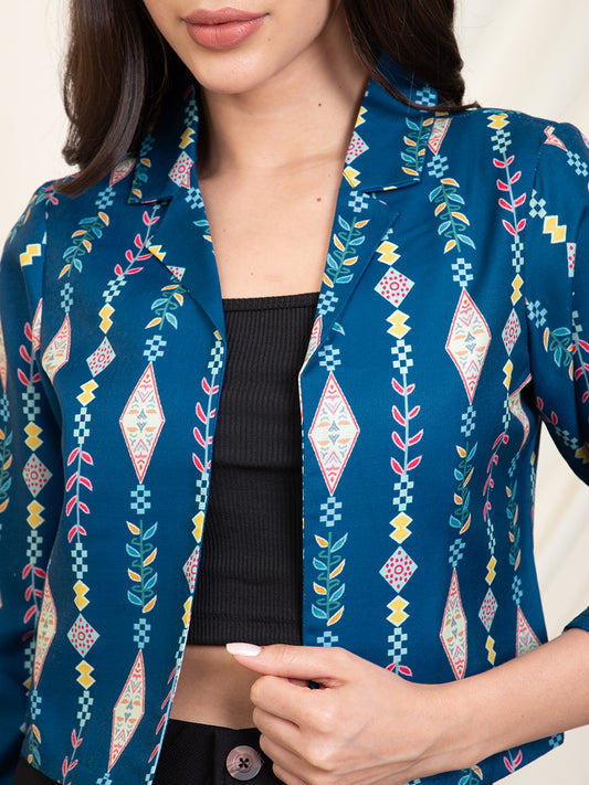 Teal Blue Printed Women Shrug