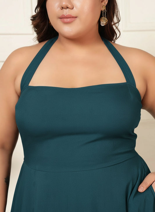Teal Solid Halter Neck Tiered Women Plus Size Maxi Dress