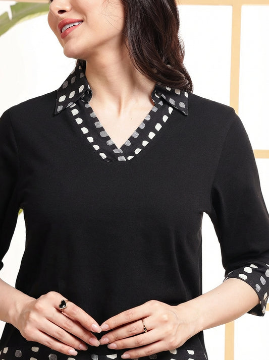 Cotton Black Solid With Polka Dots Shirt Style T-Shirt Women Co-Ord Set