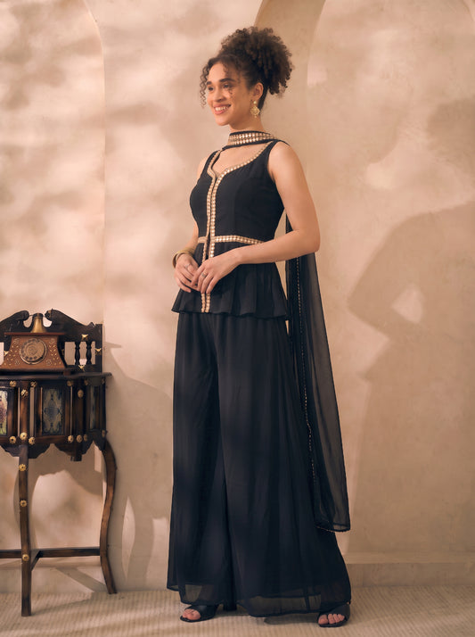 Black Solid Georgette Corset Top & Palazzo With Dupatta Women 3 Piece Set