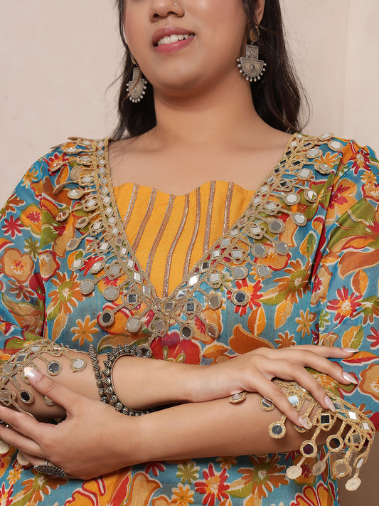 Multi Colour Floral Printed Top & Kurti with Sharara Plus Size Fusion Co-Ord Set