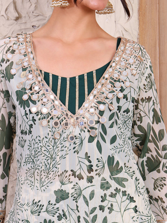 Green Floral Print Pure Chiffon Lurex Indo Western Women Co-ord Set