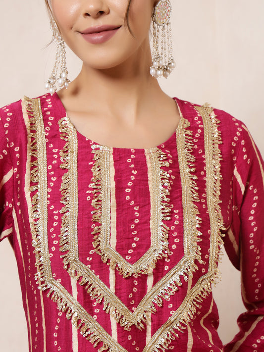 Magenta Bandhani Printed Kurti With Palazzo Indo Western Women Co-Ord Set