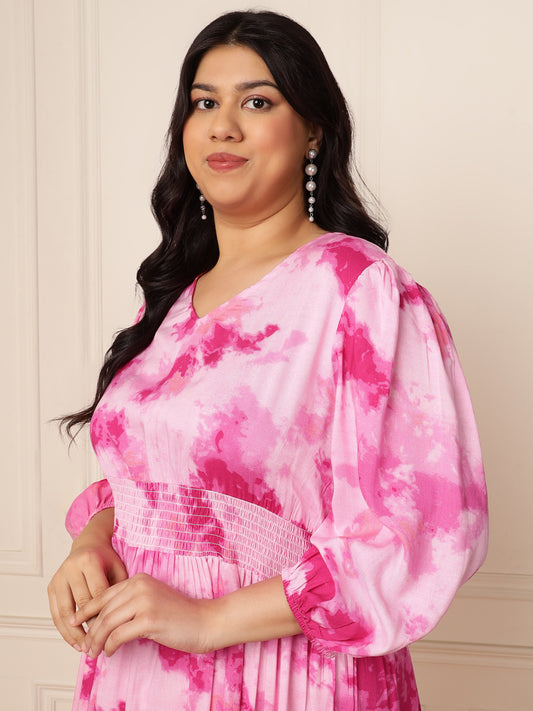 Women's Plus Size Pink Tie and Dye Printed Tiered Maxi Dress