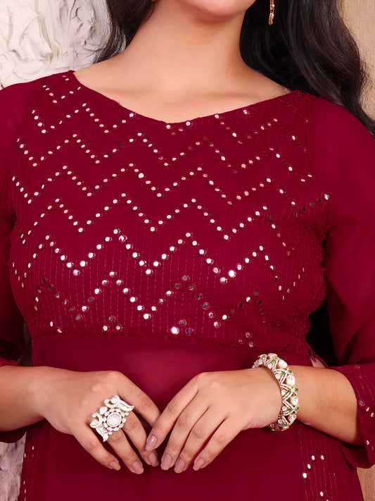 Magenta Sequence Embroidered Pure Georgette Long Slit Kurta With Sharara Co-ord Set