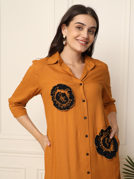 Tan-Brown Frilled Floral Designed Women Shirt Dress