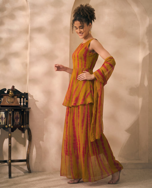 Olive Tie Dye Chiffon Peplum Top With Palazzo & Dupatta Indo Western 3 Piece Women Set