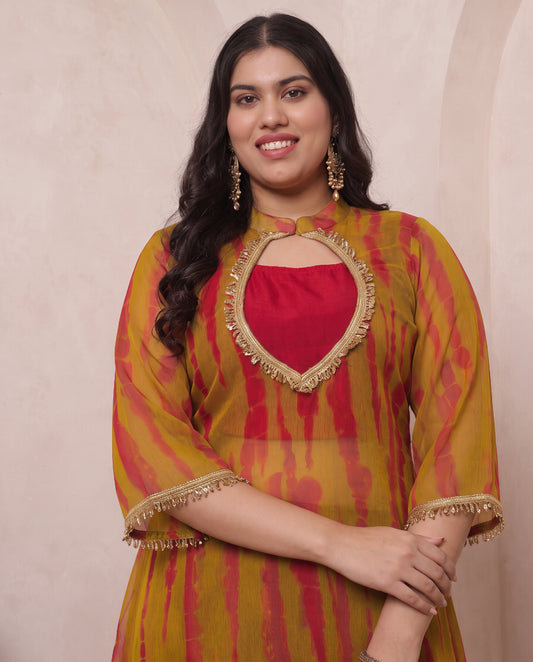 Chiffon Tie-Dye Print Kurta & Palazzo With Bustier Indo Western Women's Plus Size 3 Piece Set