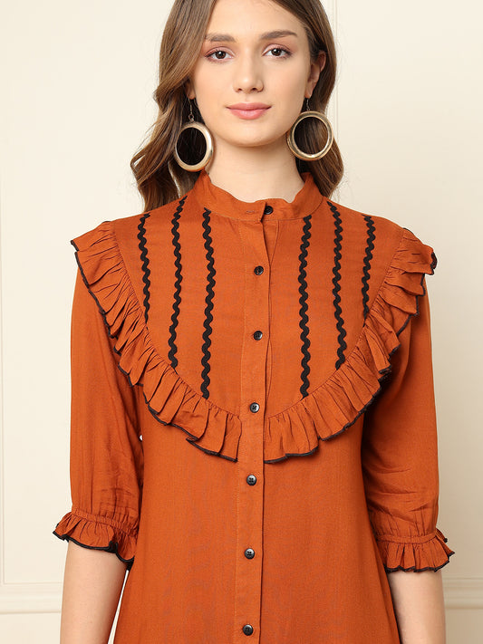 Tan Brown Tiered Women Shirt Dress