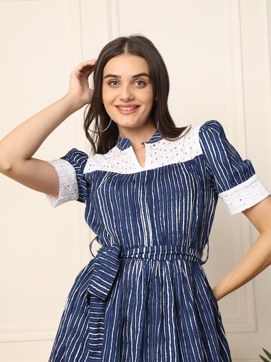 Indigo Striped With Schiffli Embroidered Tiered Layered Women Dress