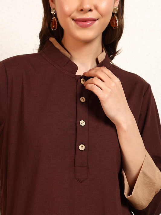 Brown Cotton Flex Solid Kurta With Slit Pant Women Co-Ord Set
