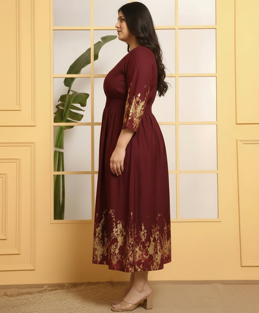 Wine Tie-Dye A-Line Women's Smocked Plus Size Dress