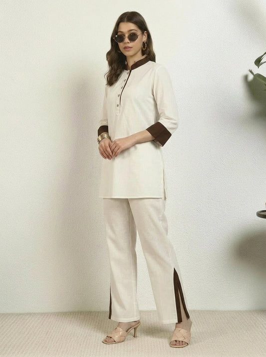 Off White Cotton Kurta With Slit Pant Women Co-ord Set
