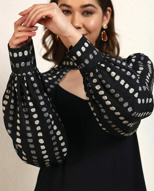 Black Viscose Rayon Solid With Floral  Printed A-Line Slit with Cape Womens Dress