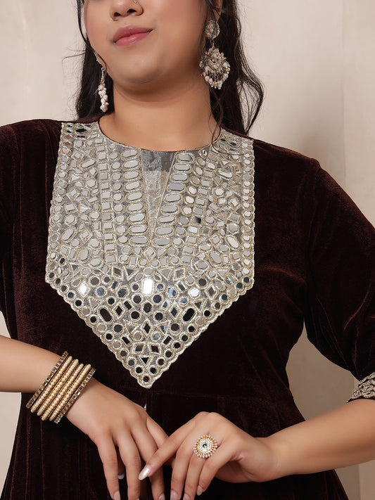 Velvet Brown Anarkali Tunic With Embroidered Neck Patch Tunic With Palazzo Women Indo Western Co-Ord Set
