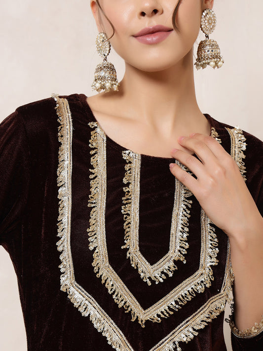 Brown Velvet Kurti With Palazzo With Dupatta Indo Western Women 3 Piece Set