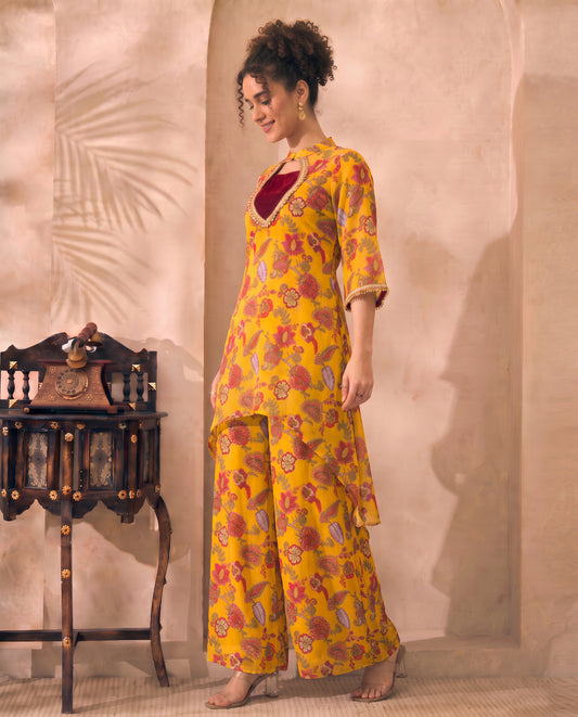 Multicolor Floral Printed Chiffon Kurta & Palazzo With Bustier Indo Western Women 3 Piece Set