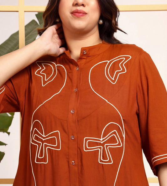 Tan Embroidered Tiered Women's Plus Size Shirt Dress