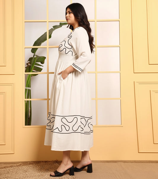 Off White Cotton Solid V-Neck Women's Plus Size Maxi Dress