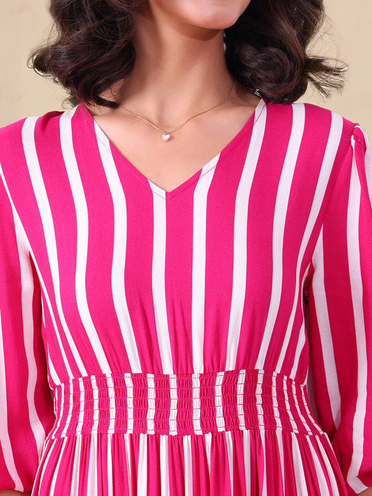Striped Pure Rayon Women Tiered Maxi Dress