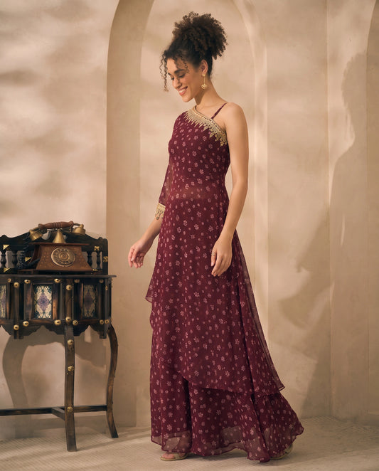 Wine Floral Printed Georgette Butta One Shoulder Tunic & Palazzo Indo Western Women Co-ord Set