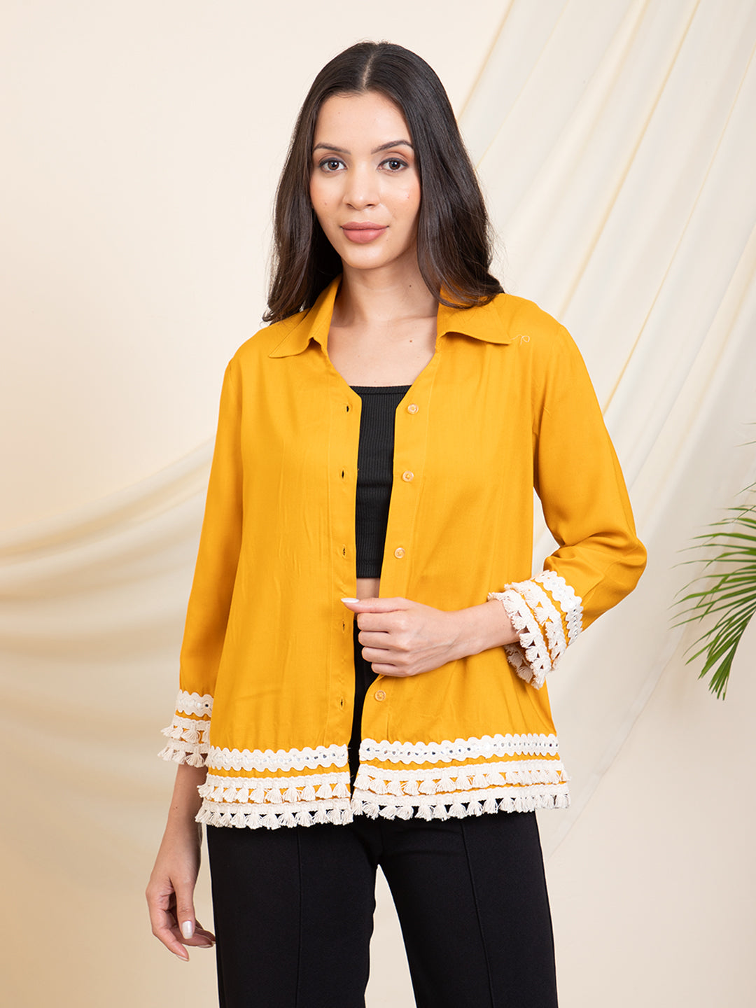 Lace Detailed Mustard Women Shirt