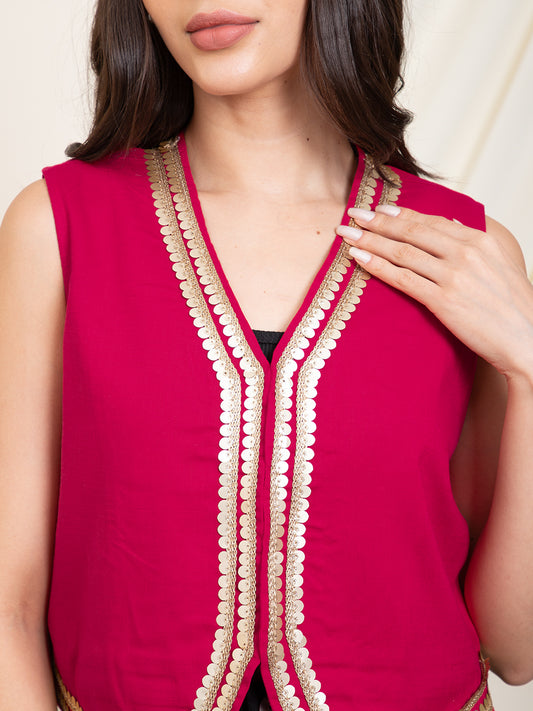 Magenta Lace Detailed Women Waistcoat