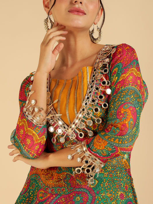 Multi Colour Printed Top & Kurti with Sharara Fusion Co-Ord Set