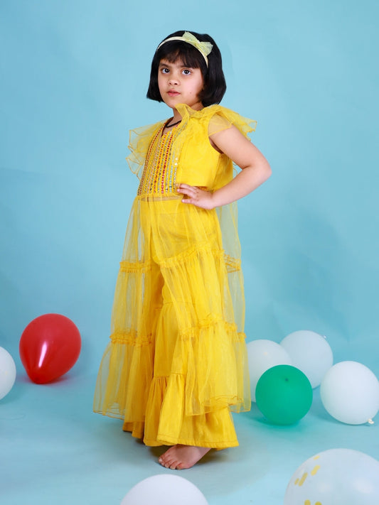 Embroidered Yellow Net Co-Ord For Girls