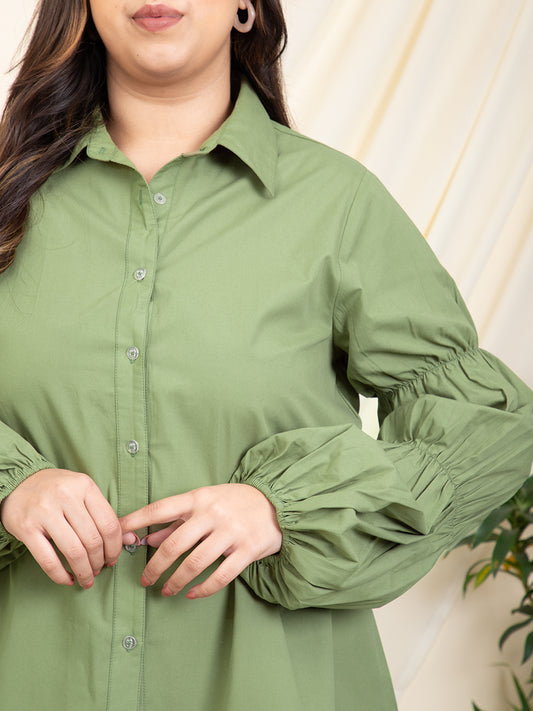 Sea Green Elasticated Sleeve High Low Women Plus Size Shirt