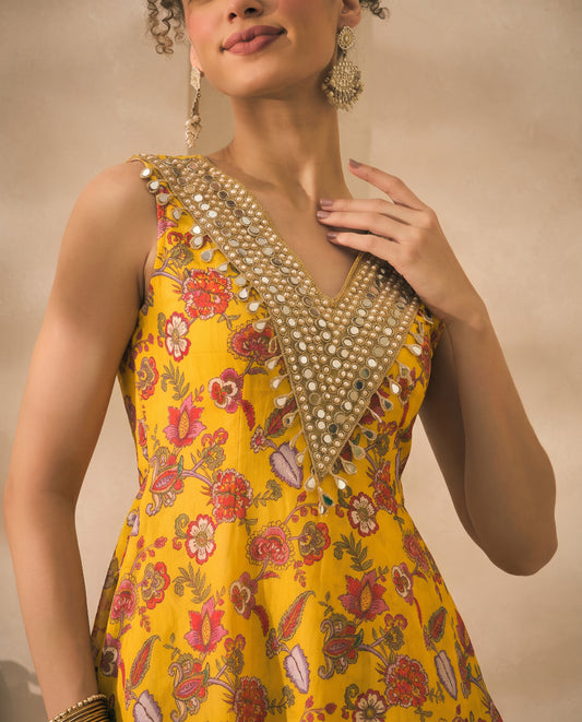 Yellow Floral Printed Chiffon Peplum Top & Palazzo With Dupatta Indo Western Women 3 Piece Set