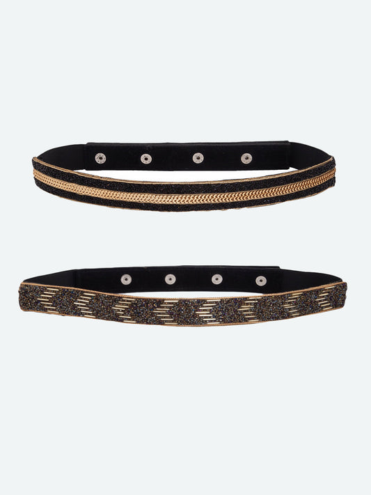 Women's Black & Golden Embellished 2 PU Belt