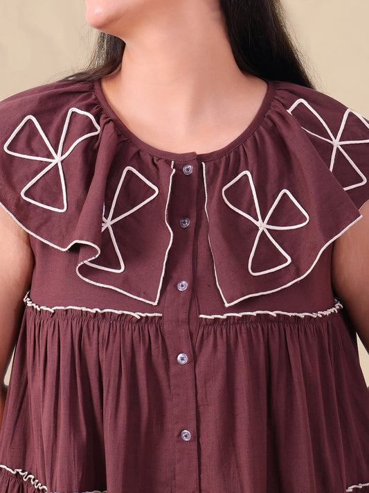 Embroidered Brown Pure Cotton Multi Tiered Women Dress
