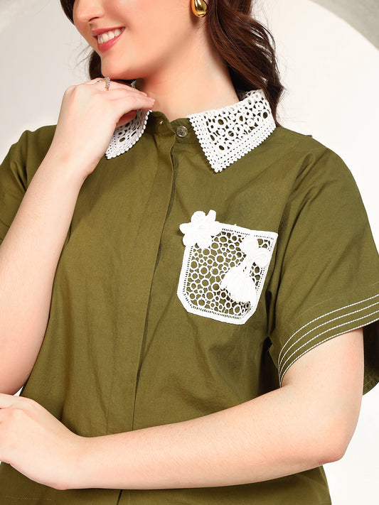 Olive Green Embroidered Cotton Women Co-Ord Set