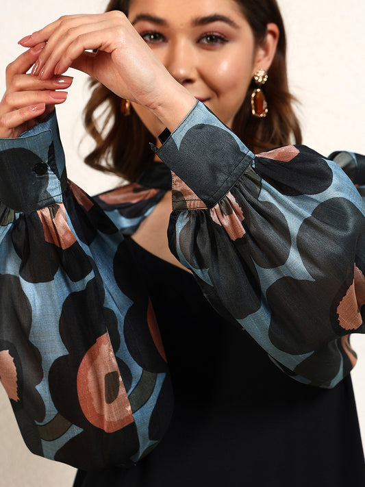 Black Viscose Rayon Solid With Floral  Printed A-Line Slit with Cape Womens Dress