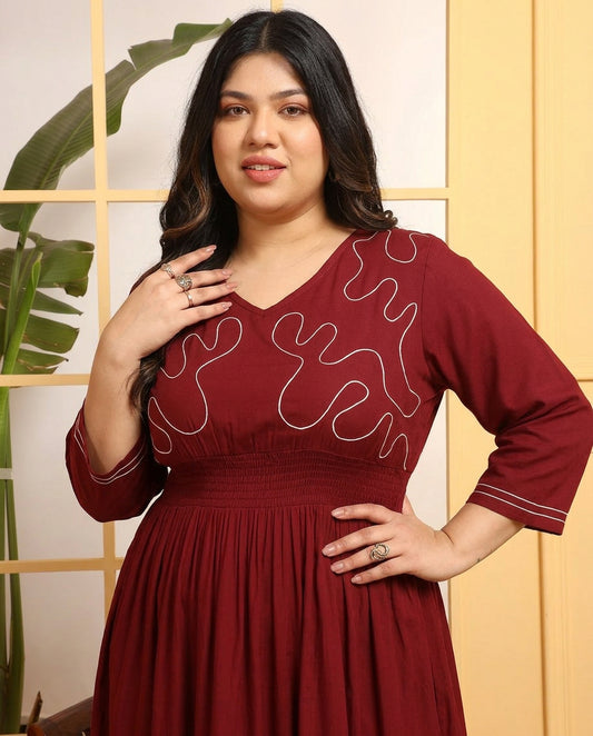 Maroon Solid Rayon Tiered Women Plus Size Shirt Dress