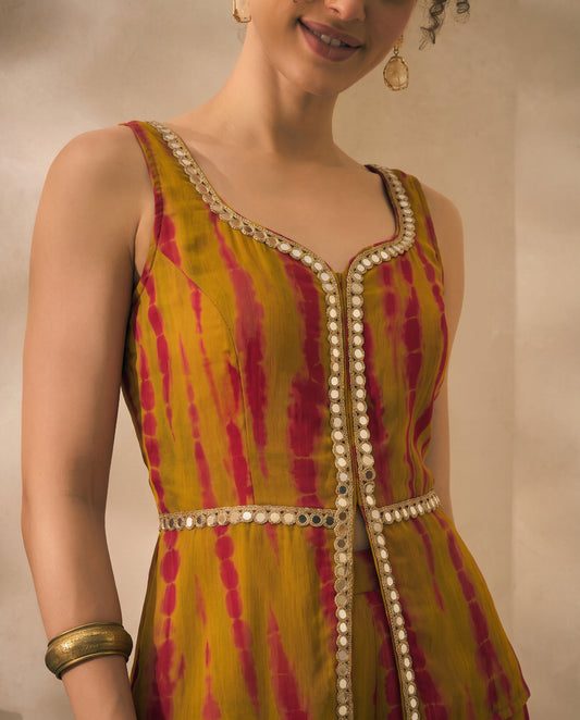 Olive Tie Dye Chiffon Corset Top & Palazzo With Dupatta Women 3 Piece Set