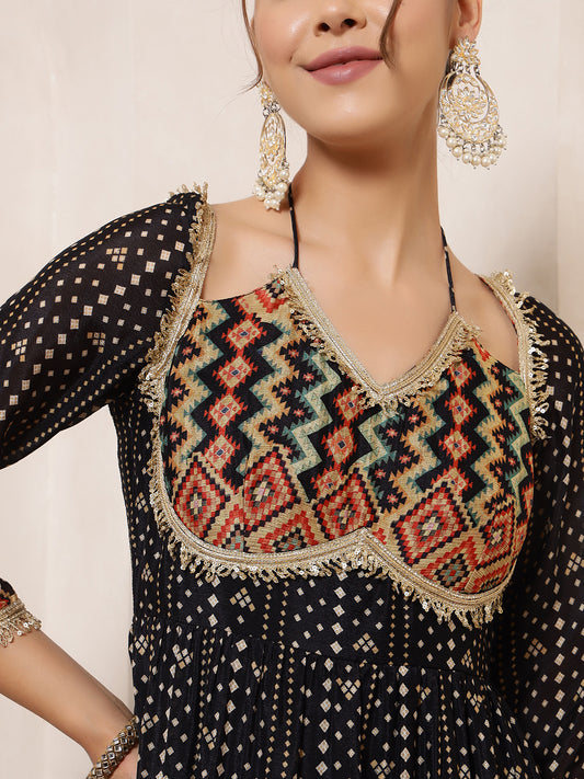 Black Bandhani Printed Halter Neck Kurta With Dupatta With Indo Western Women Set