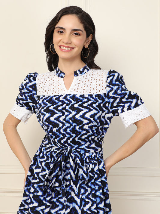 Blue Zig-Zag Tiered Layered Women Dress