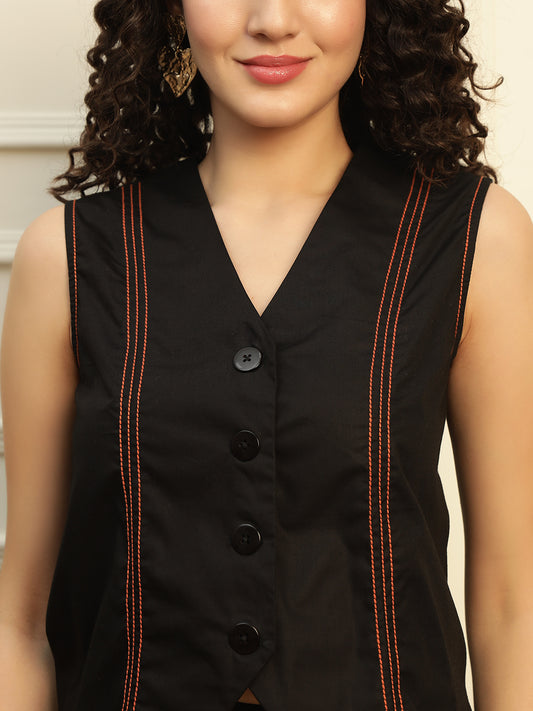 Black Cotton Waist Coat With Pant Women Co-ord Set