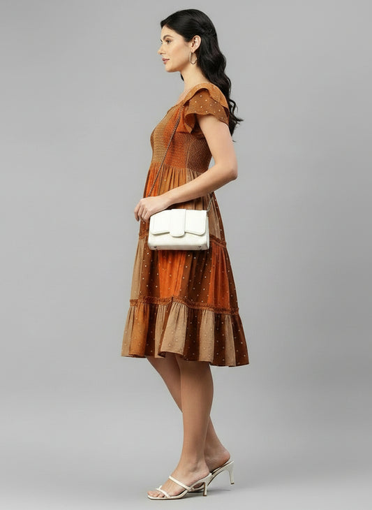 Multicolor Patch Print Cotton Tiered Women's Dress