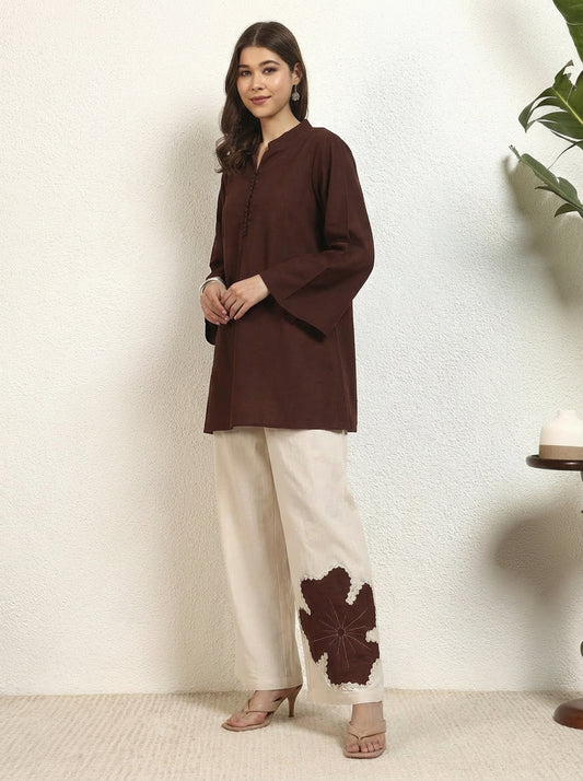 Brown Cotton Floral Patch Work Women Co-Ord Set