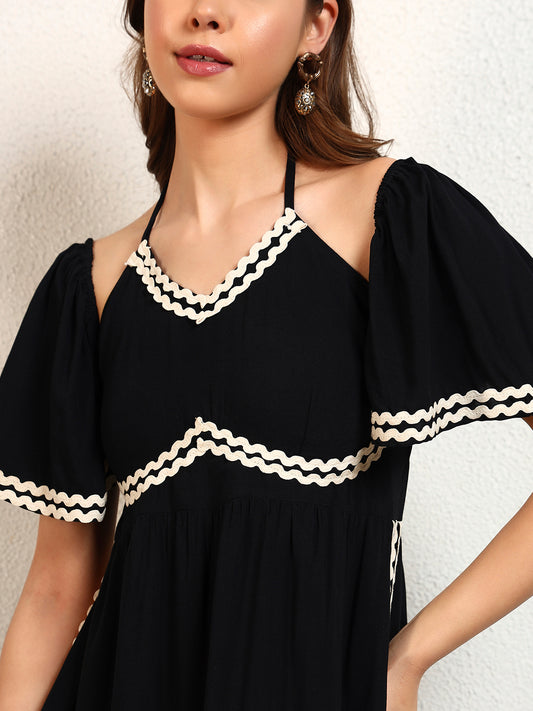 Black Viscose Rayon Solid A Line Slit Womens Dress