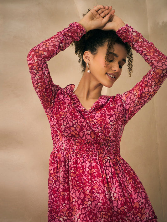 Chiffon Abstract Print Magenta Tiered Women Maxi Dress