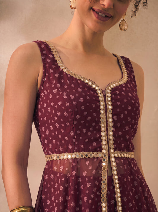 Wine Floral Georgette Corset Top & Palazzo With Dupatta Women 3 Piece Set