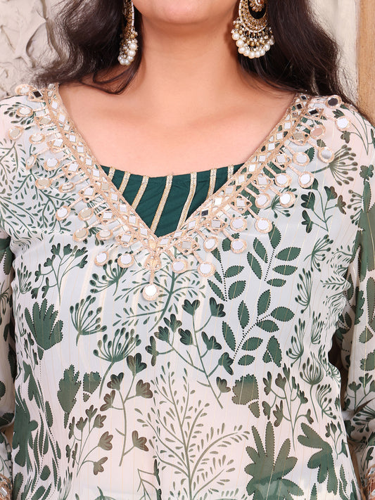 Green Floral Pure Chiffon Lurex Indo Western Women Co-ord Set