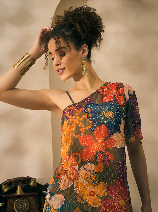 Multicolor Floral Printed One Shoulder Embroidered Tunic With Palazzo Indo Western Women Co-ord Set