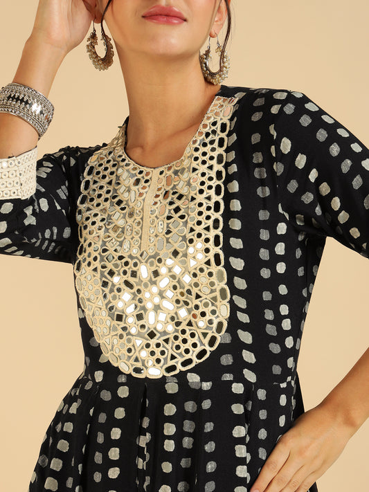 Black Polka Printed Embroidered Tunic & Palazzo Fusion Women Co-Ord Set