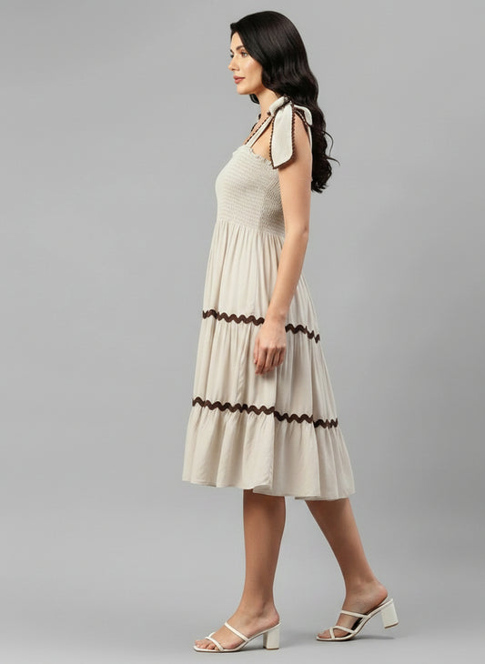 Off White Solid Cotton Tiered Women's Dress